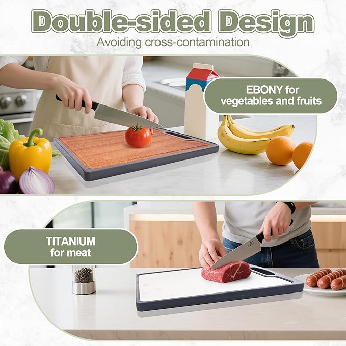 Titanium Cutting Boards for Kitchen, 2-in-1 Double-Sided Wood Cutting Board with Juice Groove, Food-Grade GR1 Titanium & Ebony, Easy to Clean and Dishwasher Safe for Meat & Veggies