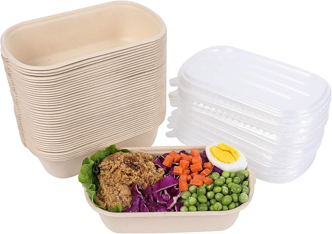 JAYEEY 23 oz Disposable salad bowls with lids, Sugarcane Fiber Paper Bowls take away food containers meal prep food storage deli container 50 Pack