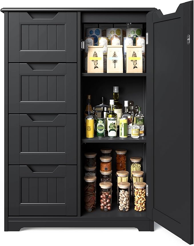 Gizoon Small Pantry Cabinet with Door and Shelves, 33'' Kitchen Pantry Cabinet Freestanding Wooden Bathroom Storage Cabinet with 4 Drawers for Kitchen and Dining Room, Black