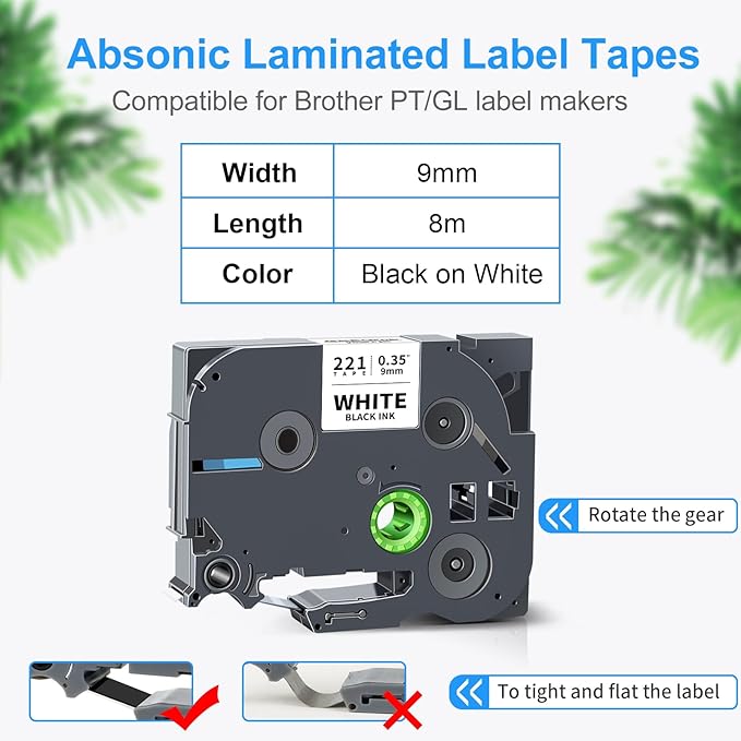 Absonic 10-Pack 9mm Black on White Label Tape Compatible for Brother Tze-221 Tze221 3/8" P Touch Tze Tz Tape 9mm 0.35" Laminated White Label for Label Maker PTH110 PTD210 PTD220 PTD200 PTD400 PT1880