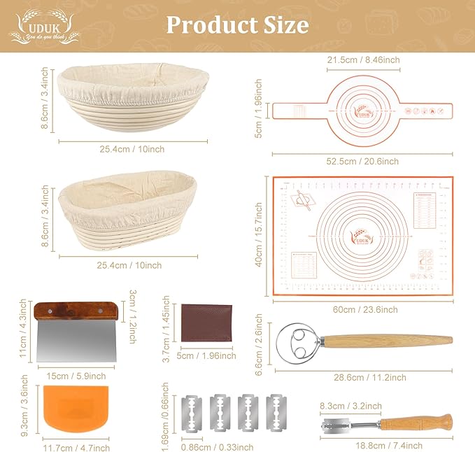 UDUK Banneton Bread Proofing Basket,Sourdough Proofing Basket Set of 2, 10 inch Round and 9.6 Oval with Bread Making Tools, Sourdough Bread Baking Supplies, Natural Rattan Proofing Bowls Baskets