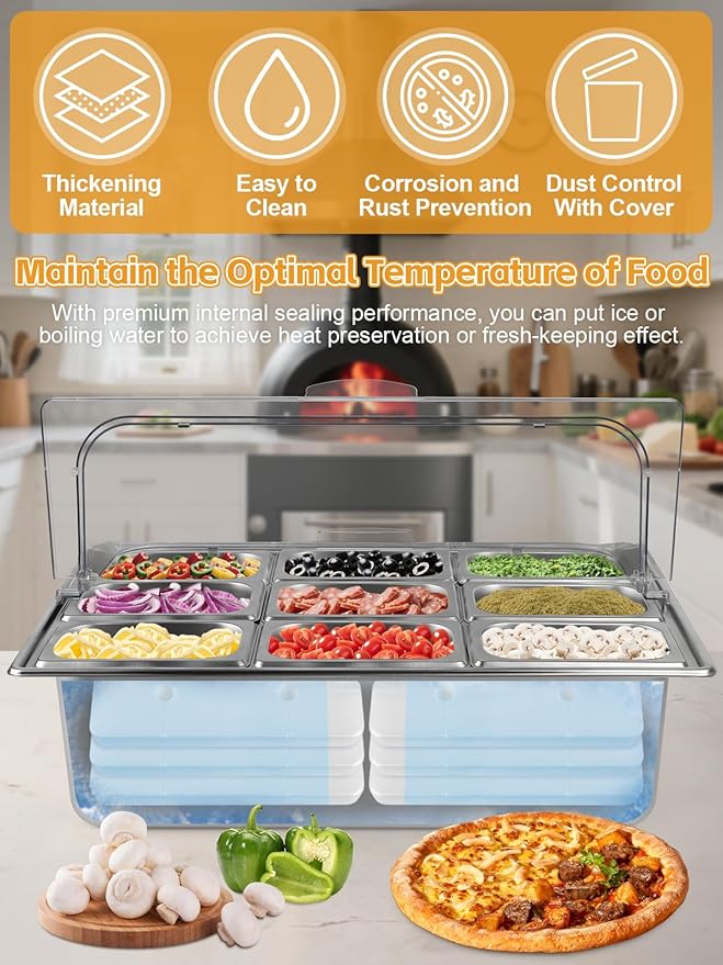 Lanstics 2PCS Pizza Topping Station 10 Pans Stainless Steel Spice Organizer Salad Bar Buffet Station with Spoons Ice Boxes Buffet Containers Set for Sauce Jam Ingredient Kitchen Restaurant Pantry