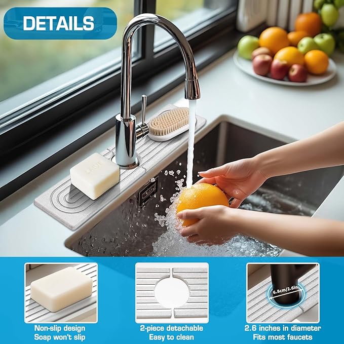 Faucet Mat for Kitchen Sink, Diatomite Quick Drying Tray, Long 23.6'' Kitchen Sink Splash Guard and Bathroom Stone Tray for Counter. Super Absorben. (White-Rectangle, 15.7" x 4")