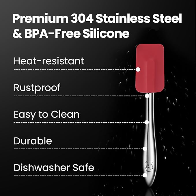 5pcs Silicone Spatula Cooking Utensils Set with Stainless Steel Handles, Premium Heat-Resistant Kitchen Utensils for Baking, Spoonula & Silicone Brush Included, Safe for Nonstick Cookware (Red)