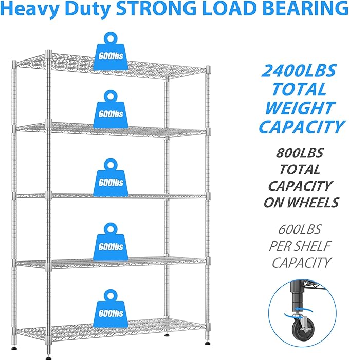 Homdox 5 Tier Heavy Duty Metal Shelves, Storage Racks and Shelving with Wheels, Commercial Adjustable Wire Shelving Unit, Garage Rack Pantry Shelves Kitchen Shelving, Chrome