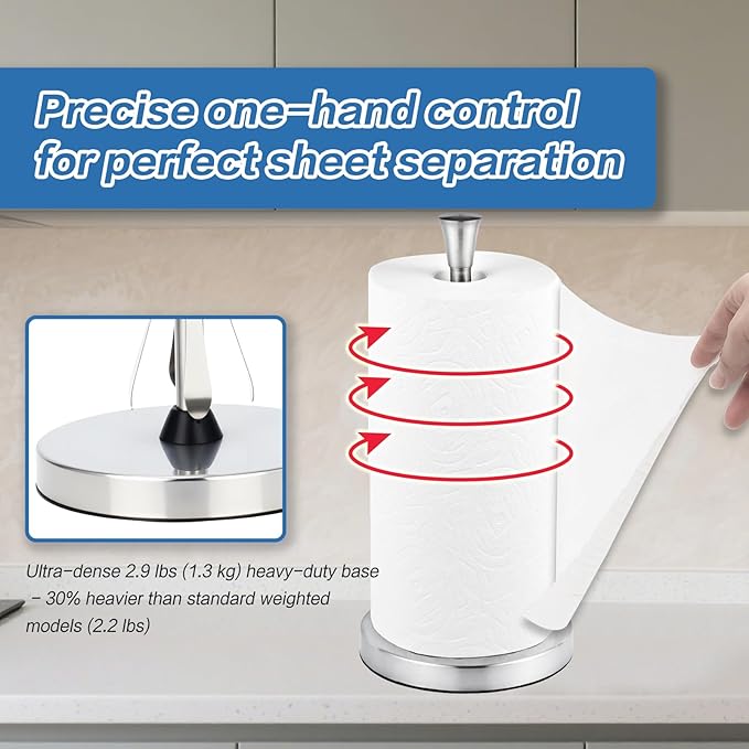 Stainless Steel Paper Towel Holder – Heavy-Duty Base & Suction Cup, Non-Slip for Countertops, One-Hand Tear Design, Fits All Roll Sizes