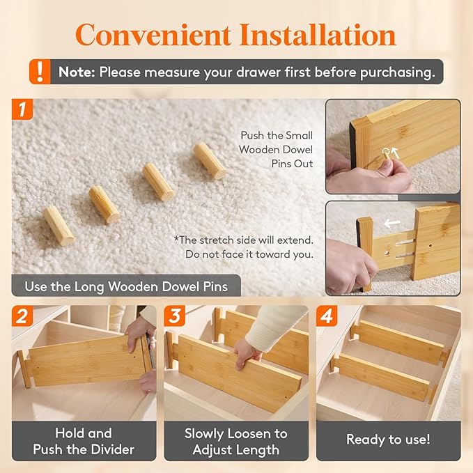 Lifewit 8 Pack 5" Deep Bamboo Drawer Dividers, 17.5-22" Expandable Drawer Organizers for Clothes, Adjustable Dresser Drawer Divider, Clothing Drawer Separators for Dresser, Bedroom, Bathroom, Kitchen