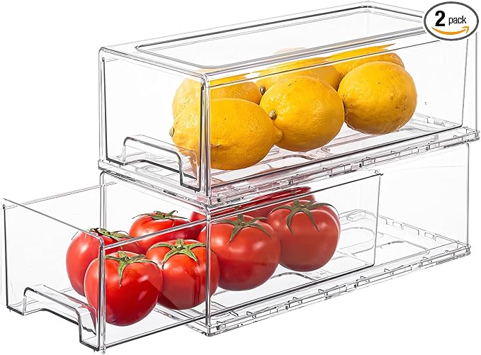2 Pack Clear Stackable Refrigerator Organizers and Storage Drawers - Pull-Out Fridge Bins with Anti-Slip Base & Easy Clean, Plastic Organizers for Kitchen Pantry Cabinet Closet (Medium)