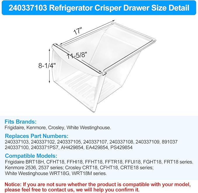 [2 PACK] Upgraded 240337103 Refrigerator Crisper Drawers Bins Compatible with Frigidaire Kenmore, Frigidaire Drawer Replacement for 240337100 AP2115741 240323007, Food-grade Materials