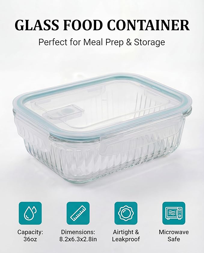 5-Packs, 36 Oz Glass Meal Prep Containers with Snap Locking Lids Glass Food Containers,Airtight Lunch Container,Microwave, Oven, Freezer and Dishwasher