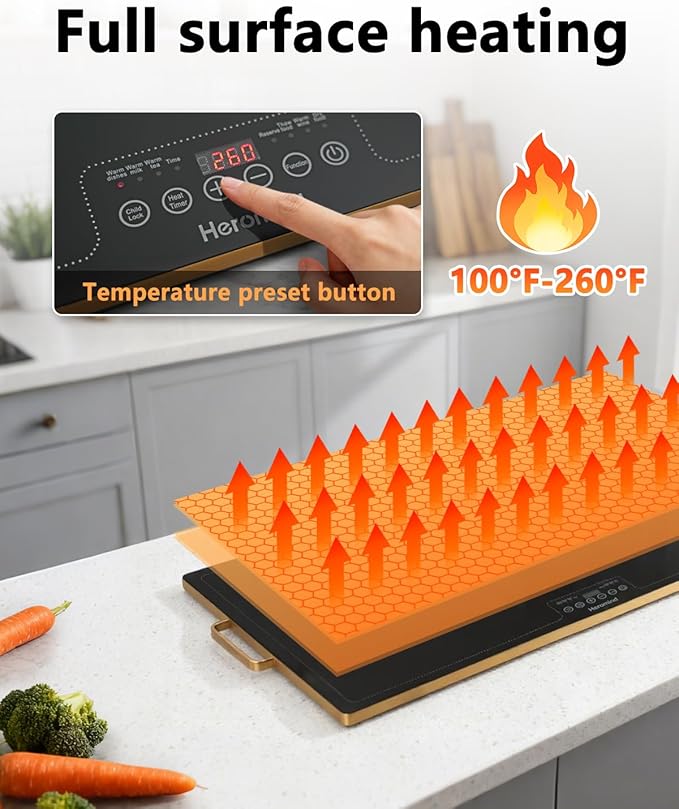 Electric Warming Tray 31.5" × 17.7", Glass-Top Full-Surface Food Warmer with Adjustable Temperature & Timer, Buffet Warming Tray for Parties, Sabbath, Holiday Parties, Daily Dining