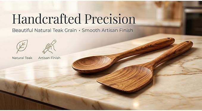 6-Piece Teak Wooden Cooking Utensil Set – Spoons and Spatulas for Nonstick Cookware, Non-Scratch Heat-Resistant Eco-Friendly Kitchen Tools