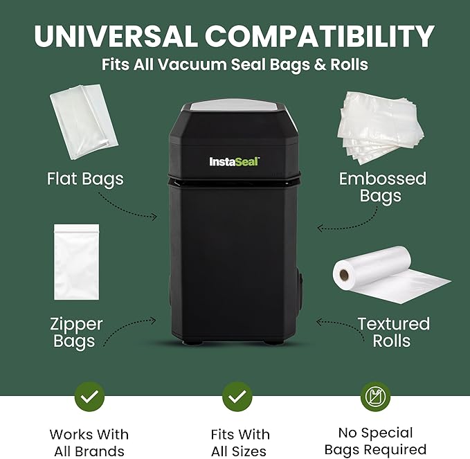 Vacuum Sealer for Food with 12 Bags, Preserves Foods 5x Longer, Space Saving Compact Upright Design Allows Machine to Heat Seal Marinades, Soups, Meats for Sous Vide Cooking