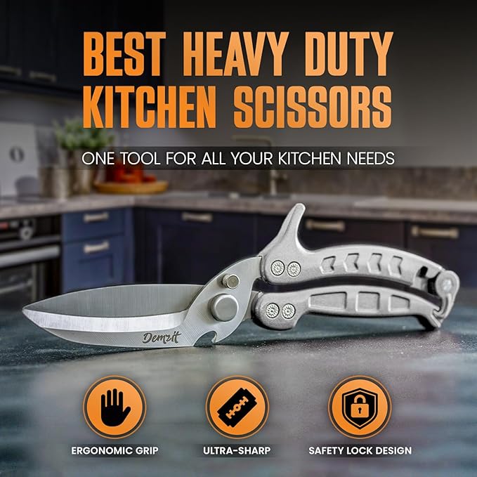 Poultry Shears Heavy Duty Professional, Turkey Shears for Chicken & Bone Cutting, Meat Cutting Scissors, Spring-Loaded Multi-purpose Kitchen Scissors, Dishwasher Safe, Non-Slip Handle, Silver
