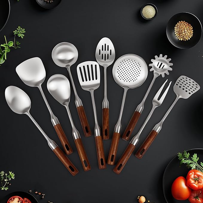 18 10 Stainless Steel Kitchen Utensils Set with Wood Handle,10PCS Metal Cooking Utensils Set, Stainless Steel Cooking Utensils Sets Heat Resistant Wok Tools(12-15in)