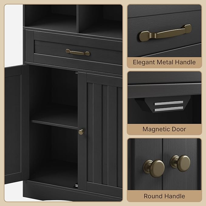 Gizoon 71'' Tall Storage Cabinet, Bathroom Storage Cabinet, Kitchen Pantry with Doors & Drawers, Adjustable Shelves, Anti-tip, Metal Handle, for Bathroom, Living Room, Office, Kitchen, with Black