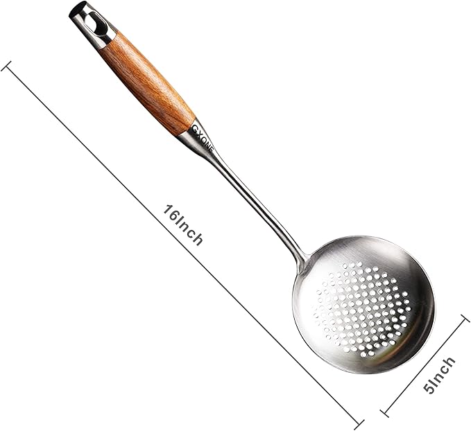 GXONE Slotted Spoon,304 Stainless Steel Skimmer Spoon with Heat Resistant Wooden Handle,Silver/15.8Inch