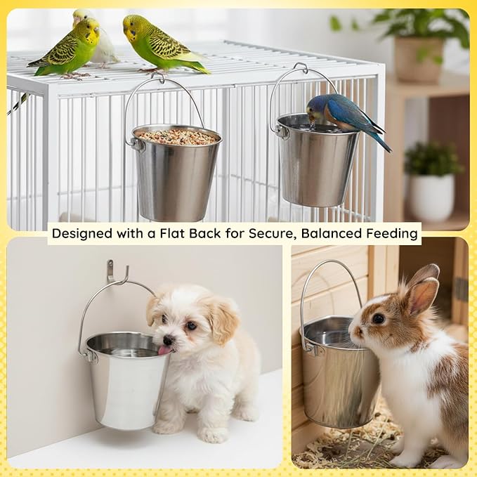 Flat Sided Stainless Steel Bucket, 1 Quart (0.25 Gallon) Hanging Feeding Pail for Small Pet Dogs Cats Birds, Fits Kennels Cages Compatible, Heavy Duty Food & Water Feed, 5" Silver Buckets