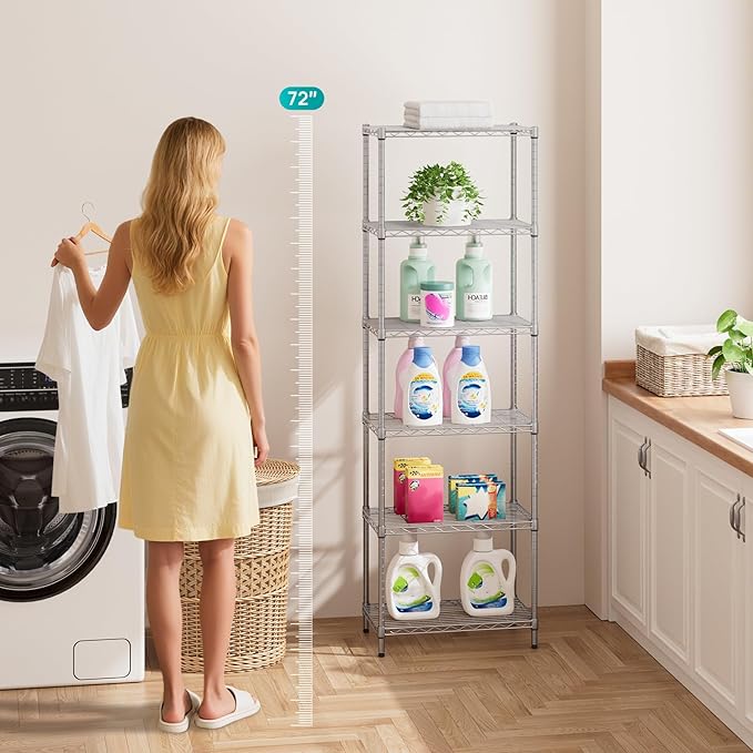 SINGAYE 6 Shelf Wire Shelving Unit Adjustable Metal Shelves Standing Bathroom Organizers and Storage Wire Closet Metal Pantry Kitchen 12" DX22 W 69.5" H Gray