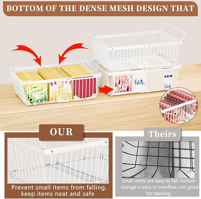 Large Freezer Organizer Bins，Upgraded Bottom Leak-Proof net，4 Pack， Expandable Stackable Chest Freezer Containers with Handle，for Fridge, Deep Freezer, Cabinet, Kitchen, Pantry (White-4Pack)