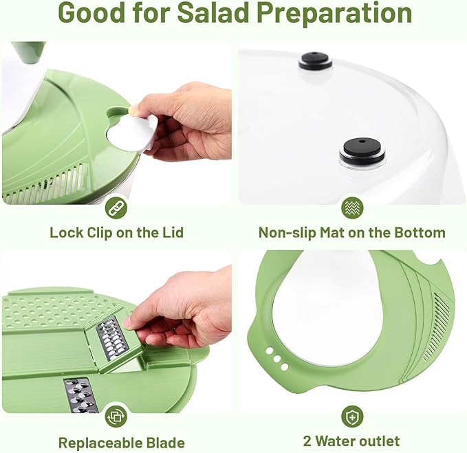 SmartTrends Salad Spinner, 5.3 QT Lettuce Spinner with Strainer, Fruit Cleaner with 4 Replaceable Blade for Shredding, Slicing and Pureeing, Salad Washer & Dryer for Quick Washing (Green)
