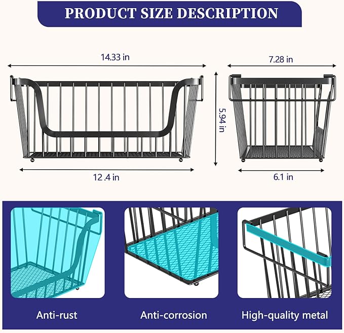 4 Pack Enhanced Leak-Proof Bottom Stackable Wire Baskets, Pantry Organizers and Storage, pantry storage，Shelf Baskets, Fruit Basket, Potato and Onion Storage Bins，(Black)