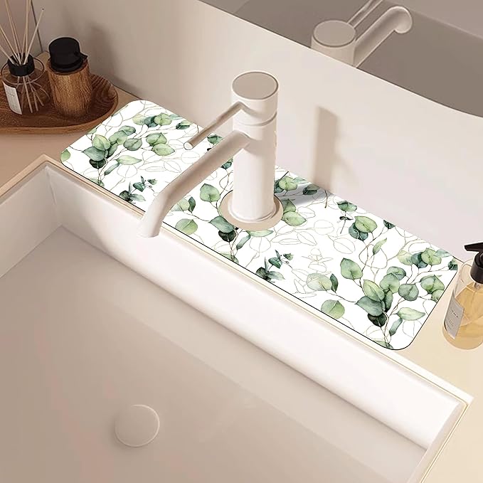 Watercolor Gold Eucalyptus Branch Dish Drying Mat for Kitchen Sink Splash Guard Behind Faucet Sink Mat Absorbent Fast Drying Faucet Draining Mat for Bathroom Kitchen 5.5"×15"