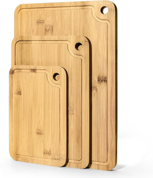 Bamboo Cutting Boards for Kitchen Set of 3, Wooden Cutting Board Non Toxic with Side Handle, HKKZYT Wood Chopping Board with Deep Juice Groove, Knife-Friendly, Kitchen Gift (Light Color)