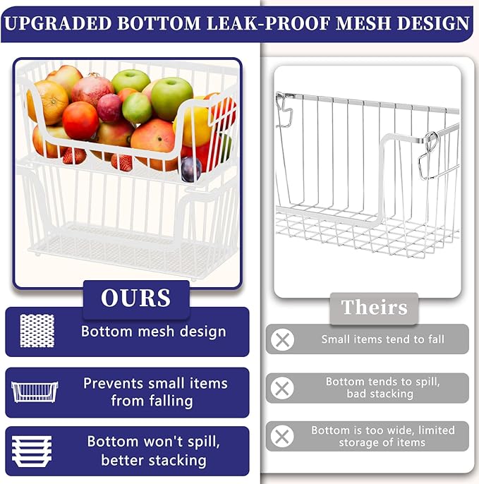 6 Pack Enhanced Leak-Proof Bottom Stackable Wire Baskets, Pantry Organizers and Storage, pantry storage，Shelf Baskets, Fruit Basket, Potato and Onion Storage Bins，(White)