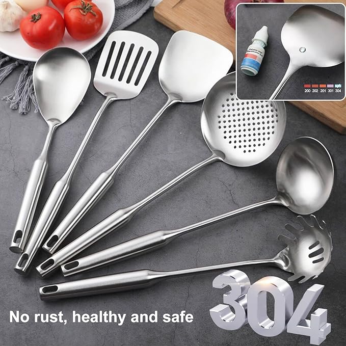 NIITAWH 18/10 Stainless Steel Kitchen Utensils Set, 6 Pcs Professional All Metal Cooking Utensils Set 12-13.6 Inch, Wok Spatula, Ladle, Skimmer, Slotted Spatula Turner, Spaghetti Spoon, Large Spoon