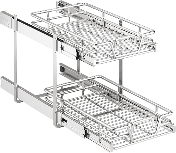 QUYUWU 2-Tier Kitchen Cabinet Pull Out Shelf and Drawer Organizer Slide Out Pantry Storaqe Basket in Multiple Sizes (14" W x 21" D)