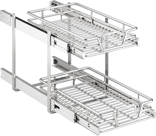 QUYUWU 2-Tier Kitchen Cabinet Pull Out Shelf and Drawer Organizer Slide Out Pantry Storaqe Basket in Multiple Sizes (14" W x 21" D)