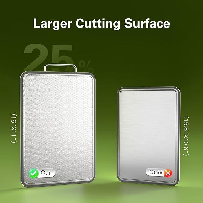 INZOO Double-Sided Stainless Steel Cutting Board for Kitchen, 16''×11'' Scratch-Resistant Cutting Board for Meat, Vegetables & Fruits, Rust-Resistant Chopping Board with Juice Groove on Both Sides