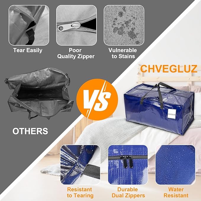 CHVEGLUZ 12 Packs Moving Bags Heavy Duty Extra Large,Storage Bags with Zipper&Handles, Sturdy&Durable Clothes Storage Bags Totes for College Dorm Essentials, Moving Boxes for College Supplies, Blue