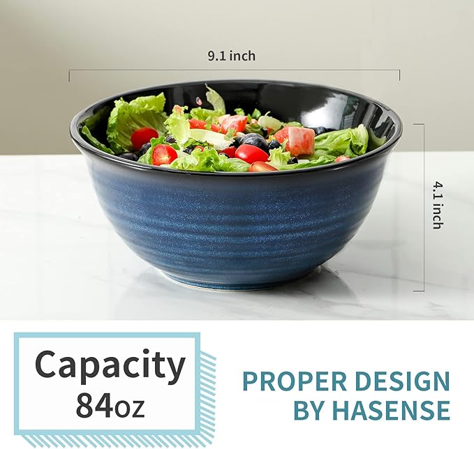 Hasense Large Serving Bowls, 9 Inch Ceramic Salad Bowls, 84 oz Serving Dishes for Entertaining, Deep Bowl Set Perfect for Soup Pasta Pho Popcorn Fruit, Dishwasher Microwave Safe, Set of 2, Navy Blue