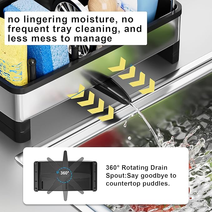 Sponge Holder for Kitchen Sink, Stainless Steel Sink Caddy with Brush Holder, Dishcloth Rack and Holds Soap Dispenser, Auto-Drain Rustproof Countertop Organizer (White)