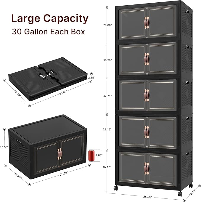 Extra Large Stackable Storage Bins with Lids & Wheels, 275QT-55QT/14GAL*5Pack Foldable Collapsible Closet Organizers Dark Storage Cabinet with Doors for Bedroom Dorm