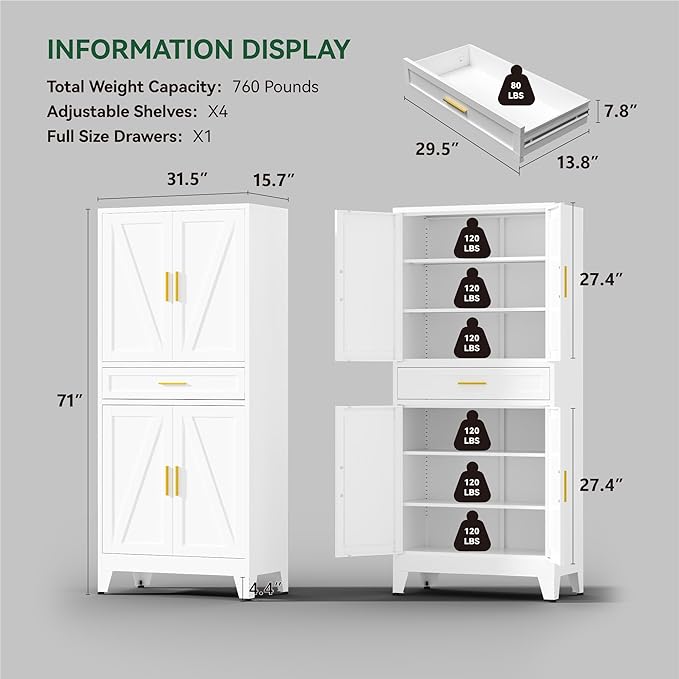 YNIQUESTLE 71" Tall Farmhouse Pantry Cabinet,Metal Cabinet with Adjustable Shelves and Drawer,Storage Cabinet for Kitchen Dining Room Garage,White