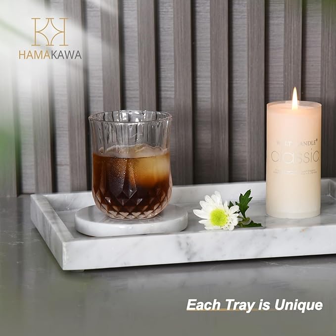 HAMAKAWA Large Bathroom Vanity Tray, Real Natural Marble Sink Tray 12 inch, Carrara White Stone Toilet Tank Trays, Modern Dresser Trays, Countertop Organizer for Kitchen Counter, Soap Dispenser