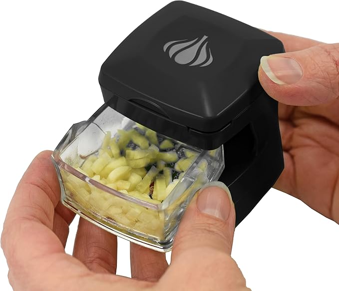 Kitchen Innovations Garlic-A-Peel Garlic Press, Crusher, Cutter, Mincer, and Storage Container - Includes Silicone Garlic Peeler - Easy to Clean - Stainless Steel Blades – (Black), standard