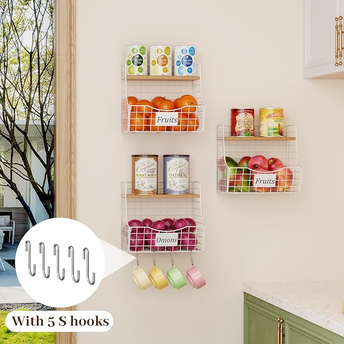 3 Pack Hanging Fruit Basket for Kitchen with Wood Lid - Onion and Potato Storage Fruit Bowl with Nameplate for Counter&Wall Mounted, Stackable Storage Basket, Metal Hanging Wire Baskets White