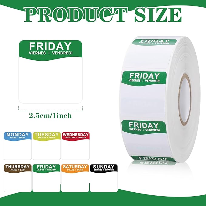 7000 Pcs Day of The Week Labels Food Labels Monday Through Sunday Management Inventory Stickers Removable Weekly Self Adhesive Date Dot Stickers for Restaurant Kitchen Containers (Square)