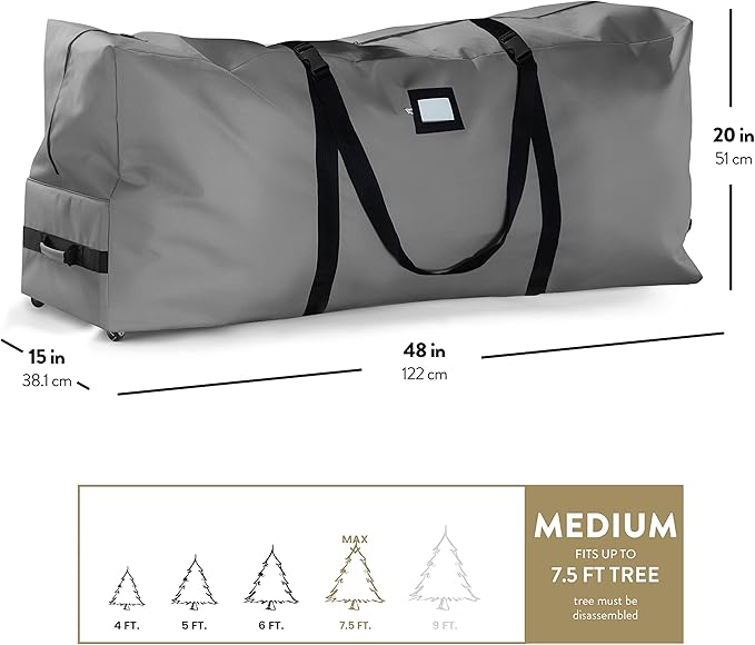 ZOBER 600D Oxford Fabric Rolling Christmas Tree Storage Bag - Fits 7.5 Ft Artificial Trees - Waterproof Christmas Tree Bag For Storage Box For Xmas, Durable Handles and Wheels - Card Slot - Gray