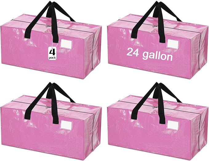 4 Pcs 24 Gallon Extra Large Moving Bags Heavy Duty Storage Bag with Strong Zipper Handle Foldable XXL Jumbo Storage Tote Packing Moving Box for College Dorm Travel Cloth Duffle (Pink)