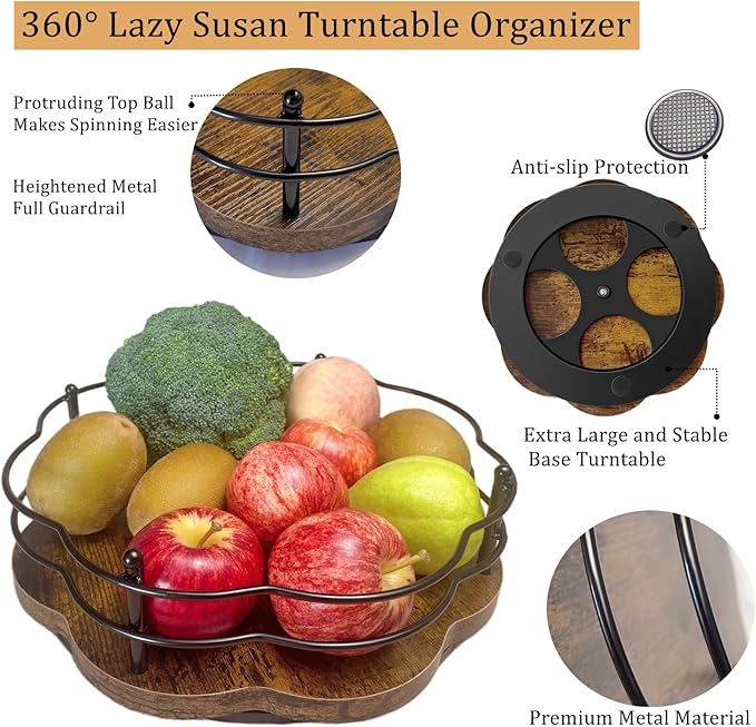 BaiWinlar 12" Lazy Susan Turntable Organizer with Higher Metal Sides, Wooden Lazy Susan Spice Rack Organization and Storage for Cabinet,Kitchen,Countertop,Table Top,Dining Table,Coffee Bar Decor