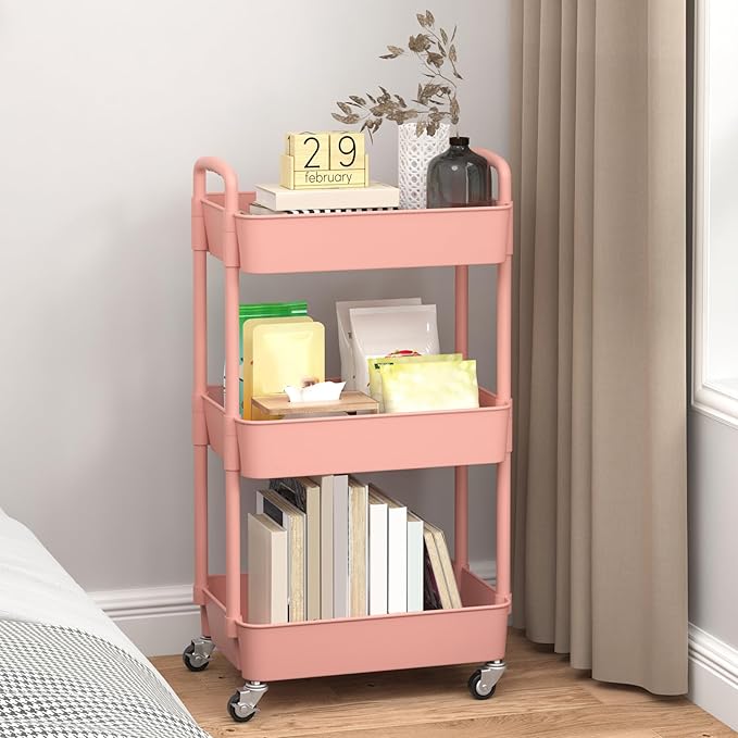 Sywhitta 3-Tier Plastic Rolling Utility Cart with Handle, Multi-Functional Storage Trolley for Office, Living Room, Kitchen, Movable Storage Organizer with Wheels, Pink