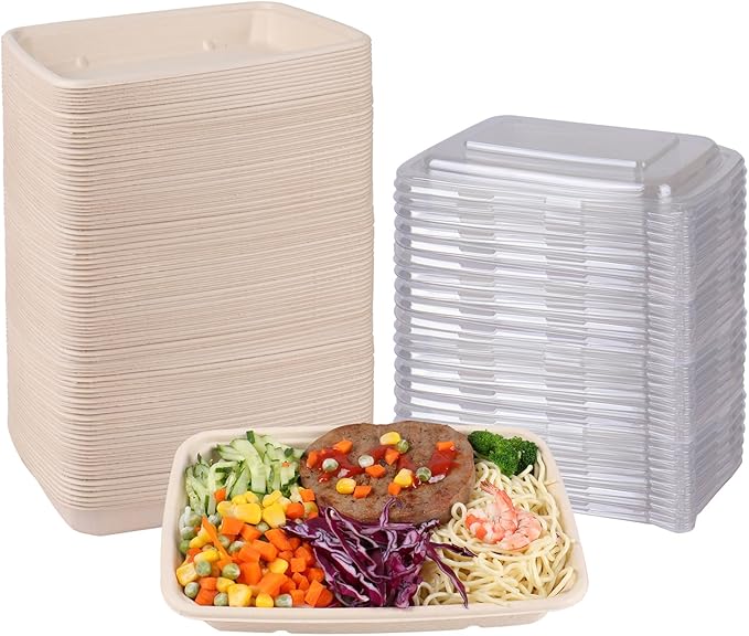 JAYEEY 20 oz Rectangle Disposable bowls with lids,Sugarcane Fibers Bowls take away food containers Plant Fibers Freezer Safe 50 Pack