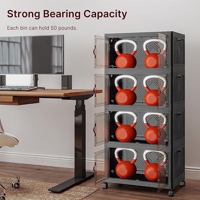 Extra Large Stackable Storage Bins with Lids & Wheels & Door, 260QT-52QT/13GAL*5Pack Foldable Collapsible Closet Organizers, Plastic containers drawers for bedroom Dorm