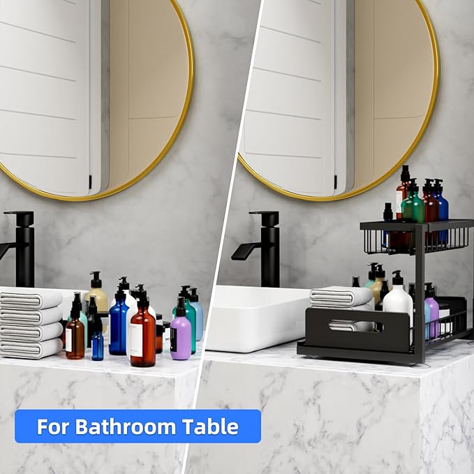 Lxmons 2-Tier Under Sink Slide Out Organizer, 2 Pack Pull Out Cabinet Storage Shelf with Sliding Wire Basket Drawer for Bathroom Kitchen, Countertop or Pantry Shelf, Black