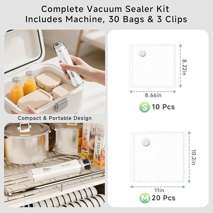 Compact Vacuum Sealer for Food (Vacuum Sealer Machine + 30 Reusable Vacuum Bags), Powerful Handheld Vacuum Sealer Machine, Seal Food 6X Fresh Longer, Portable & Wireless, Easy-Clean